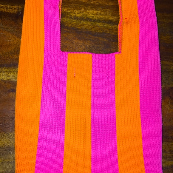 H&M Mini Striped Hobo Bag Neon Orange Pink Stretch - Picture 9 of 10